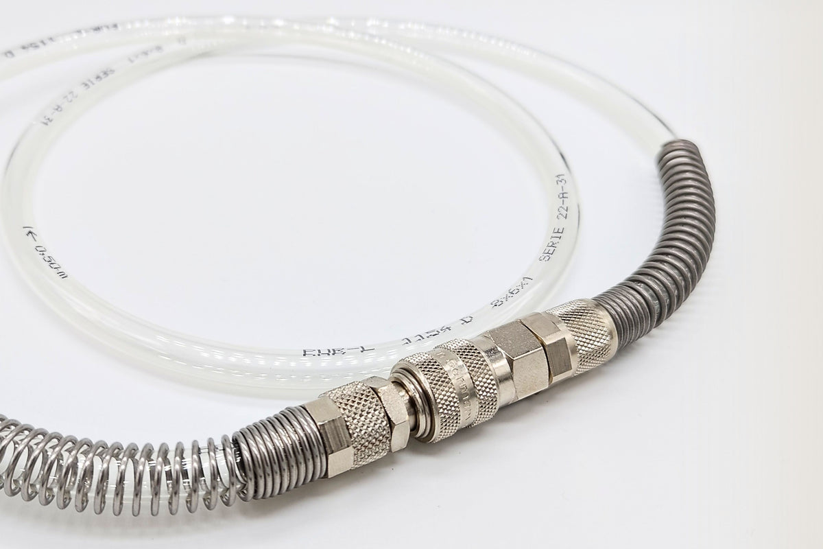 FLi Oil hose with threaded connectors on a white background