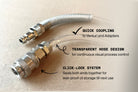Transparent hose with quick coupling and click-lock system on a beige background