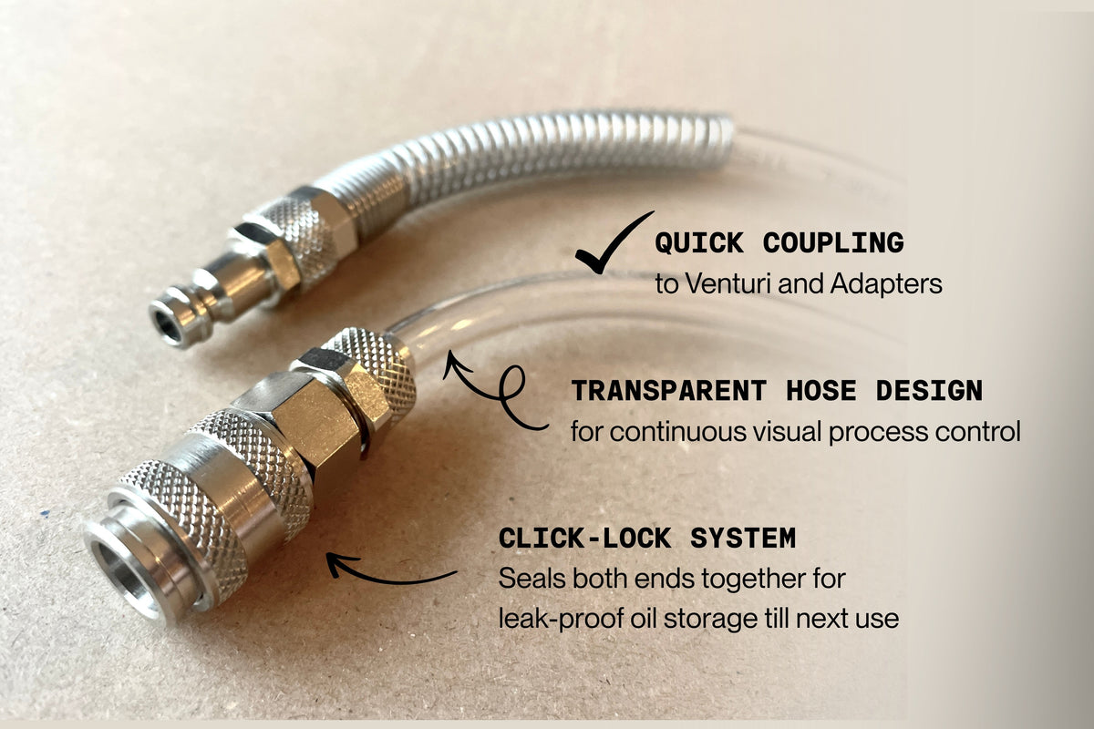Transparent hose with quick coupling and click-lock system on a beige background