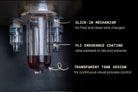 Detail of the transparent FLI VENTURI oil tank, with labeled features including endurance coating and click-in mechanism
