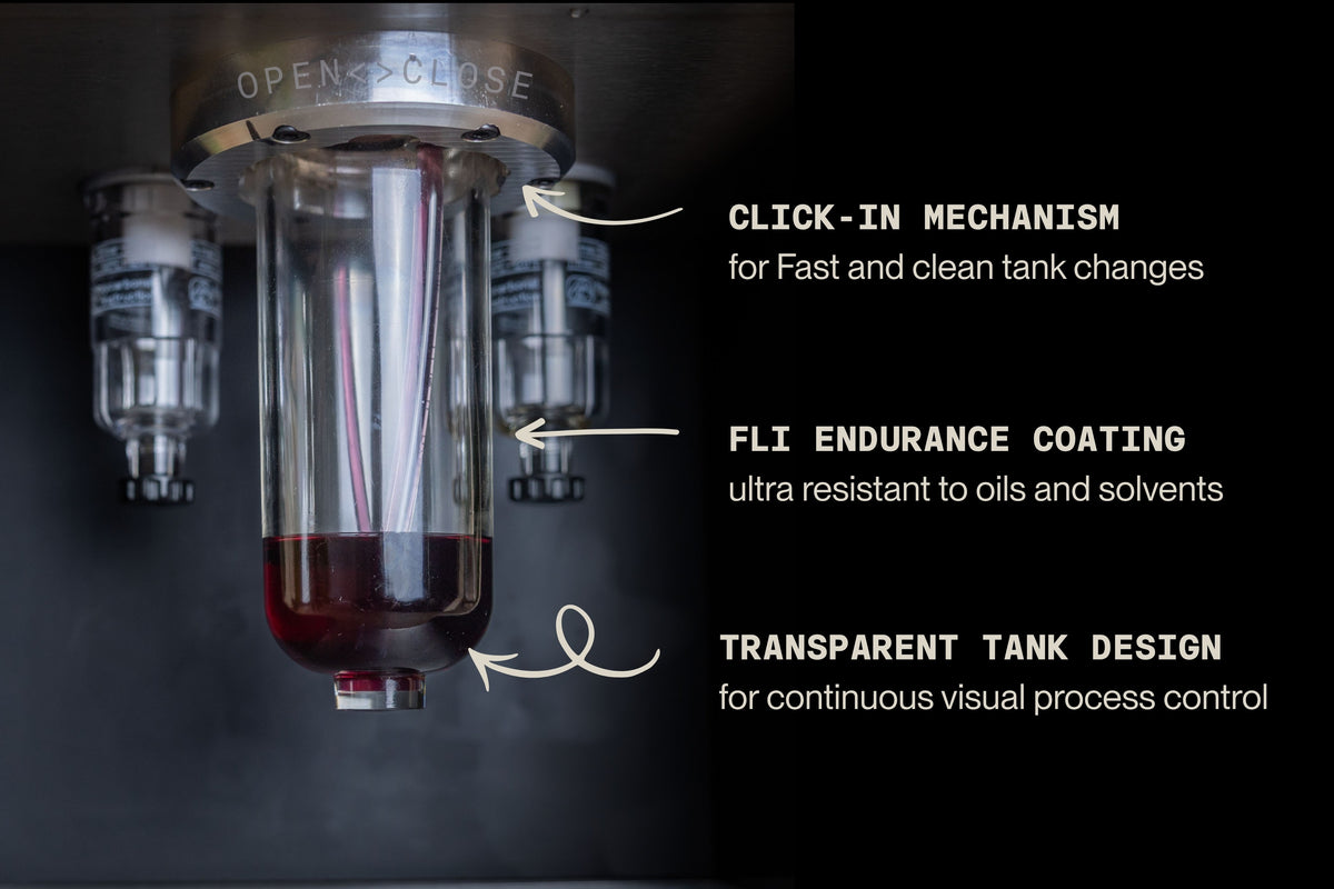 Detail of the transparent FLI VENTURI oil tank, with labeled features including endurance coating and click-in mechanism